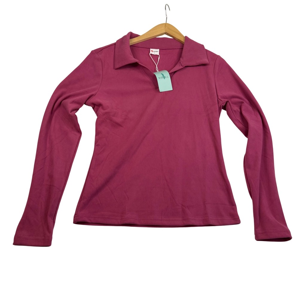 Wiholl Magenta Pink Ribbed Long Sleeve Polo Shirt Collared Top Large NWT